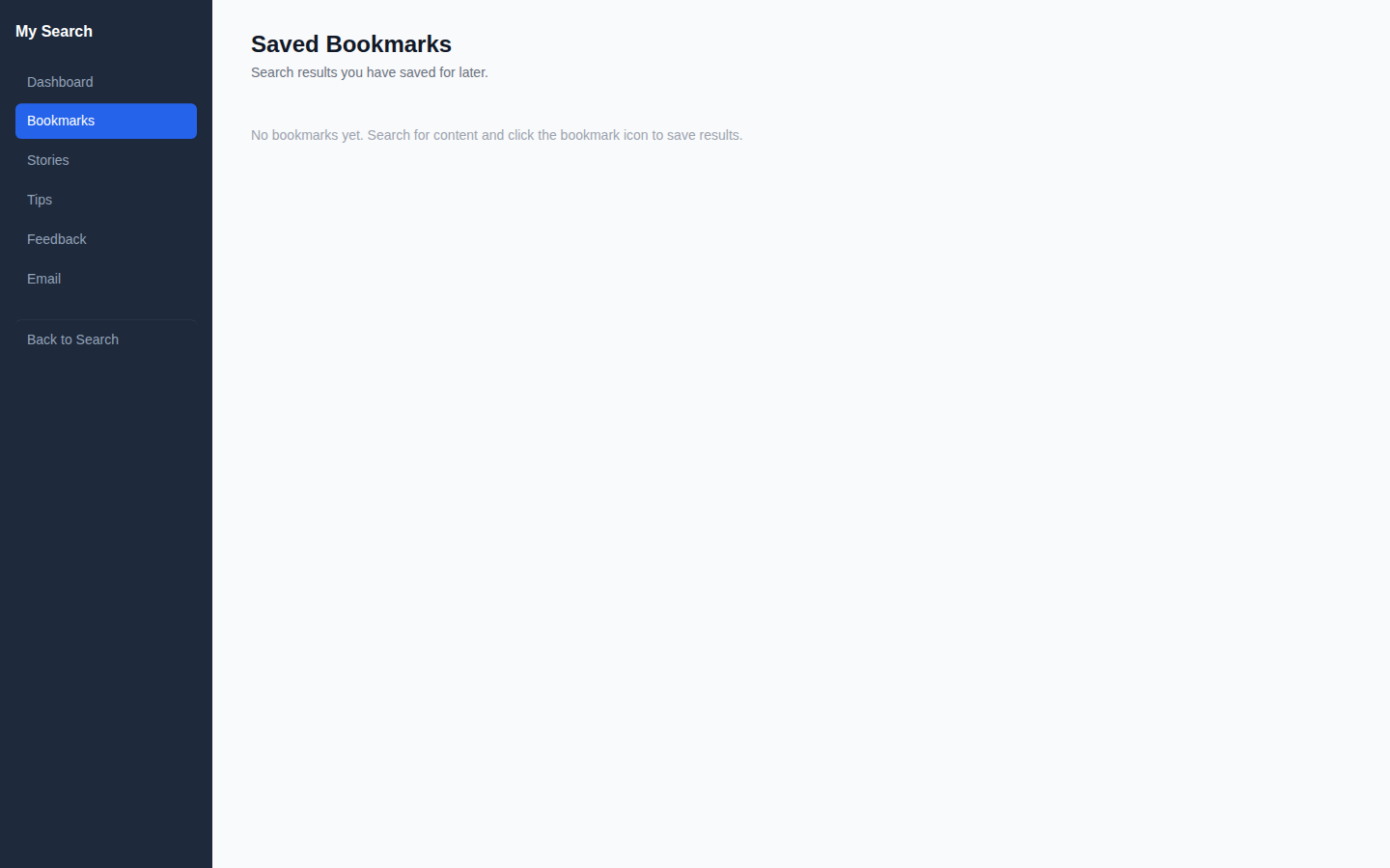 Bookmarks page showing saved search results